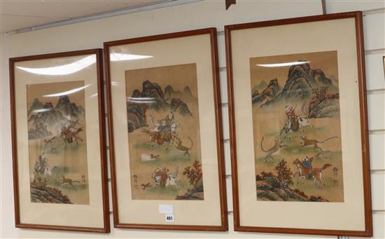 Chinese School, three coloured prints, Tiger hunting scenes, 38 x 26cm